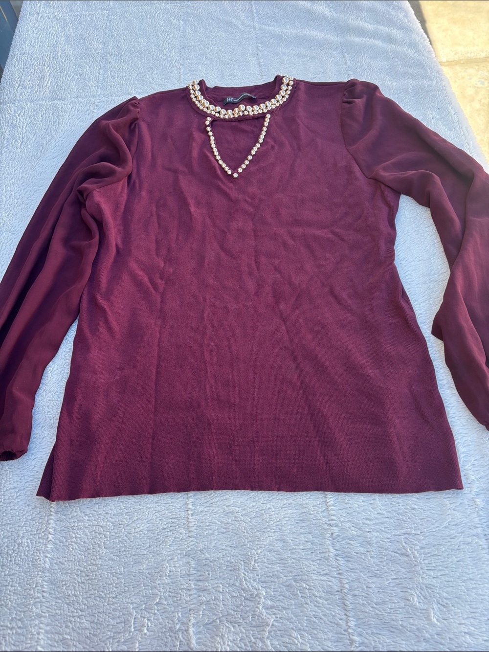 INC International Concepts Wine Long Sleeve Top with Pearl Neck Trim
